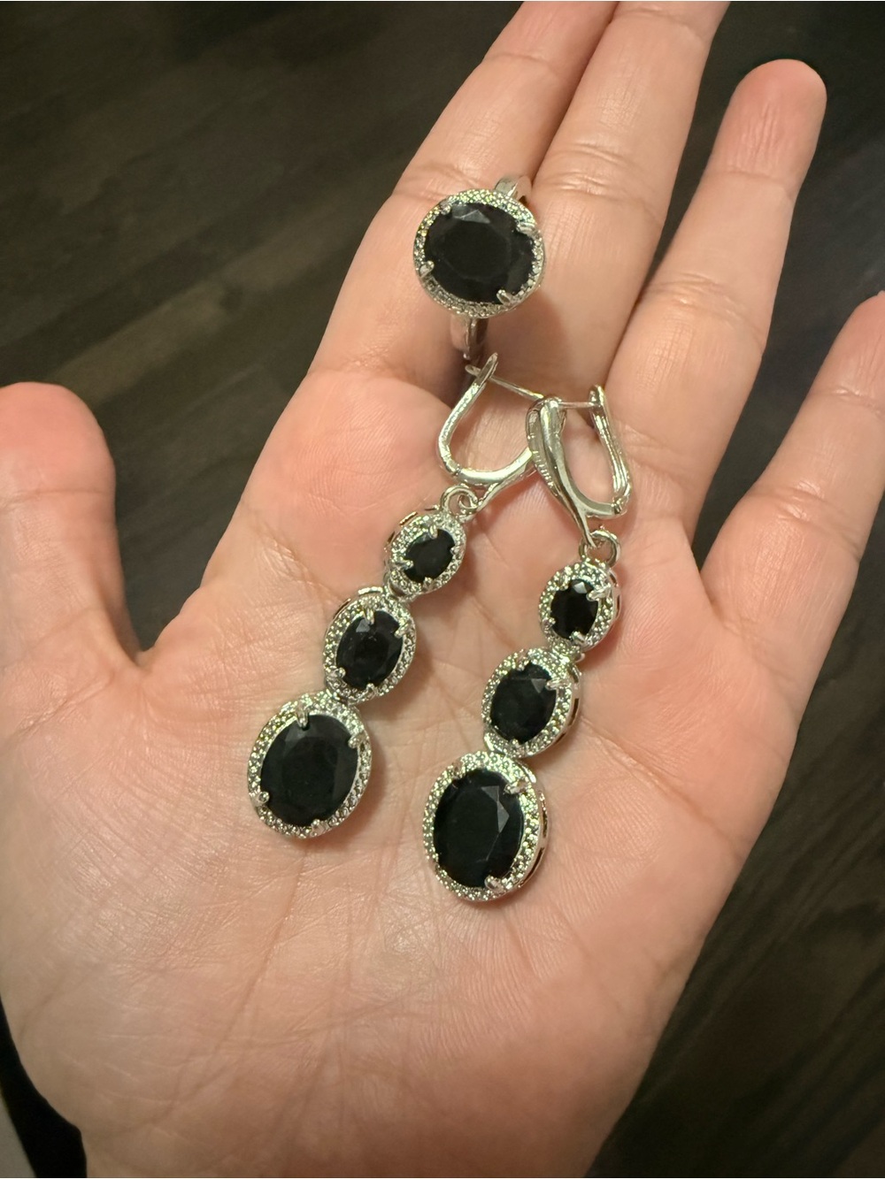 Silver and Black Faux Onyx Drop Earrings and Ring Set